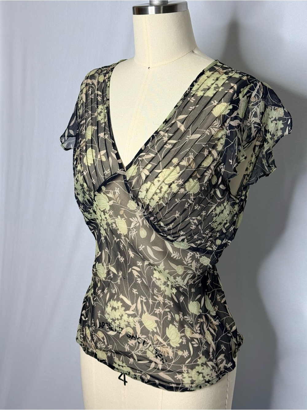 Vintage Y2K Sheer Floral Bias Cut Blouse Pleated Flutter Sleeve